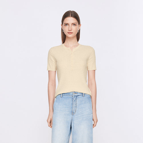 Vintage Cable Knit Cotton Top-Yellow