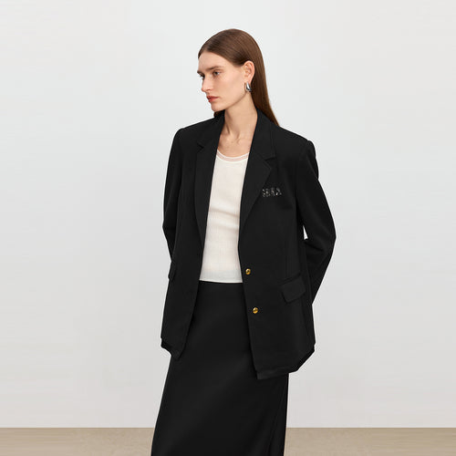 Midnight Black Blazer with Rhinestone Logo & Satin Trim