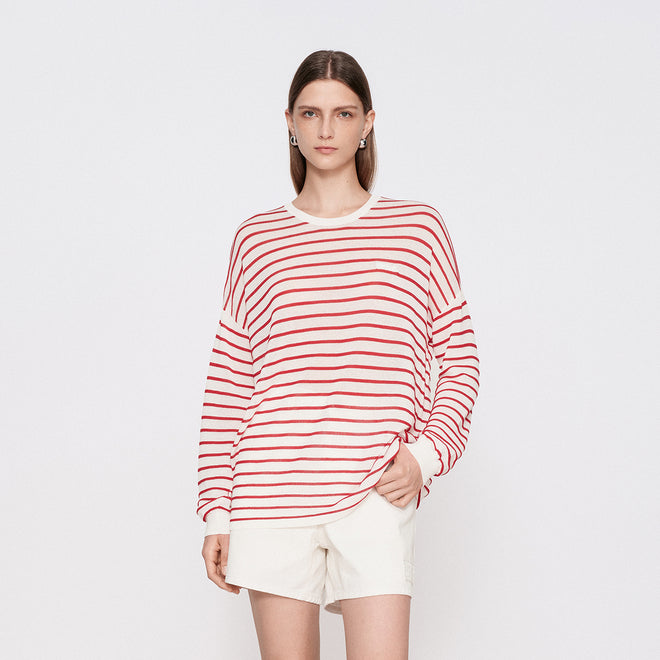 Red and White Stripe Long-Sleeve Cover-Up
