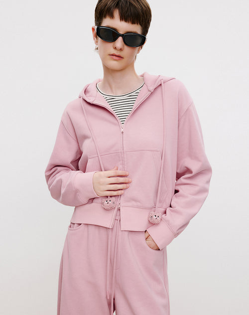 Cat Pink Hooded Cropped Jacket