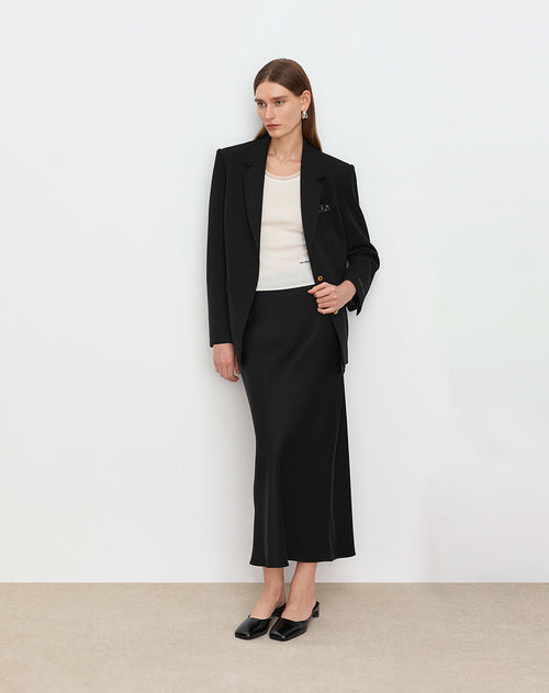 Midnight Black Blazer with Rhinestone Logo & Satin Trim