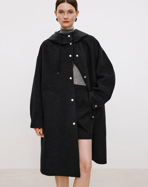 Dark Chocolate Poster Hooded Double-Faced Wool Coat