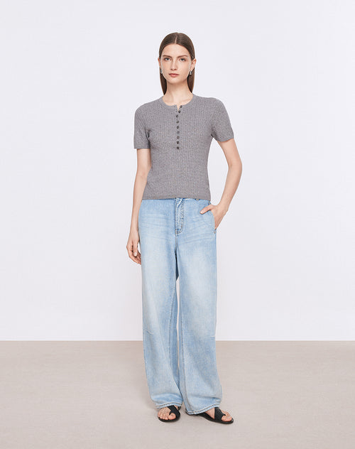 Vintage Cable Knit Cotton Top-Gray