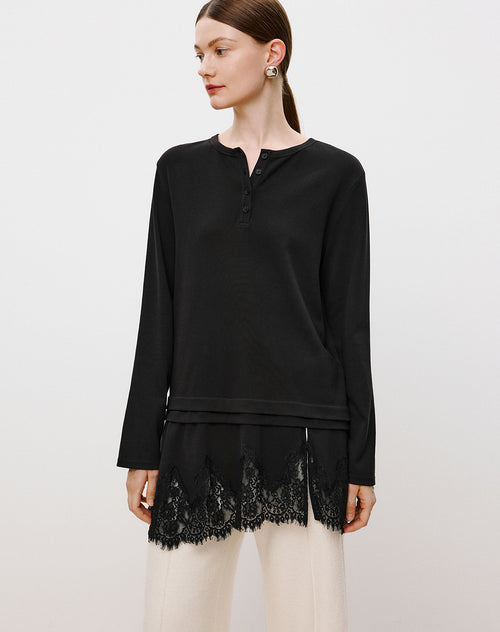 Lace Hem Tee Blouse Black