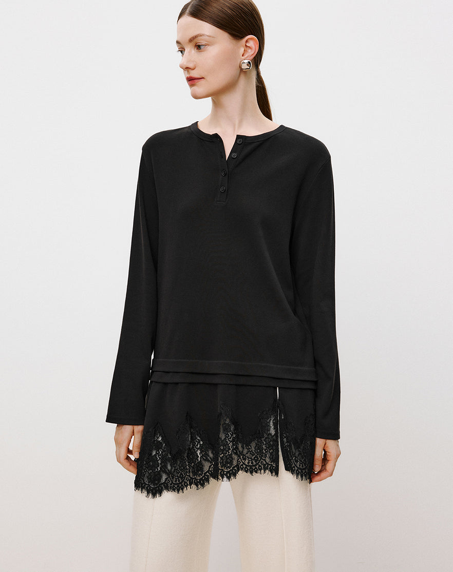 Lace Hem Tee Blouse Black - Urlazh New York