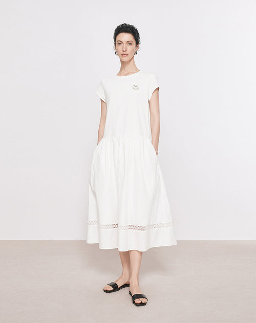 Puff White Knit & Woven Patchwork Dress
