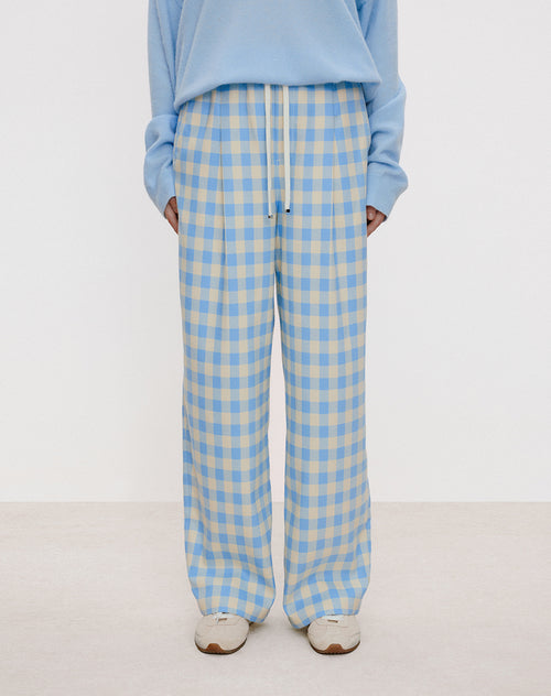Blue & White Plaid Pleated Pants