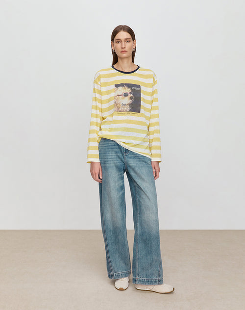 Yellow & White Striped Relaxed Shirt with Yorkie Print