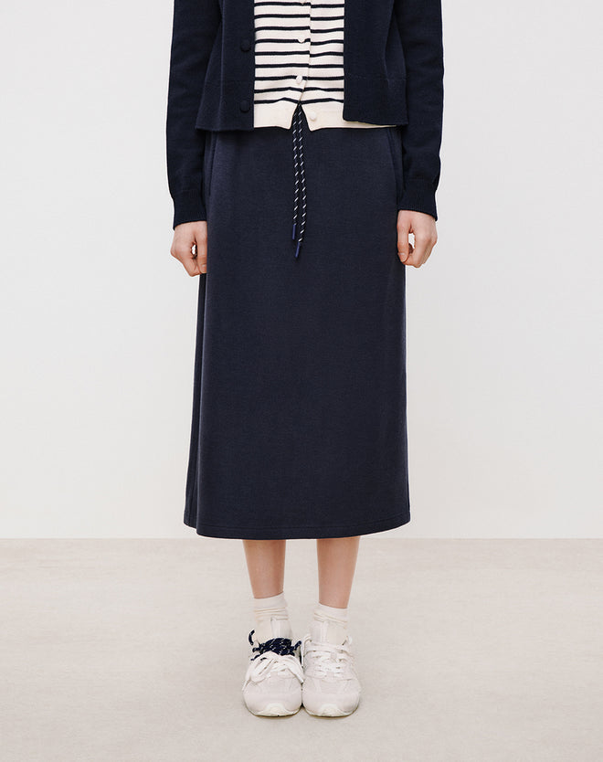 Navy Fleece Slit Maxi Skirt