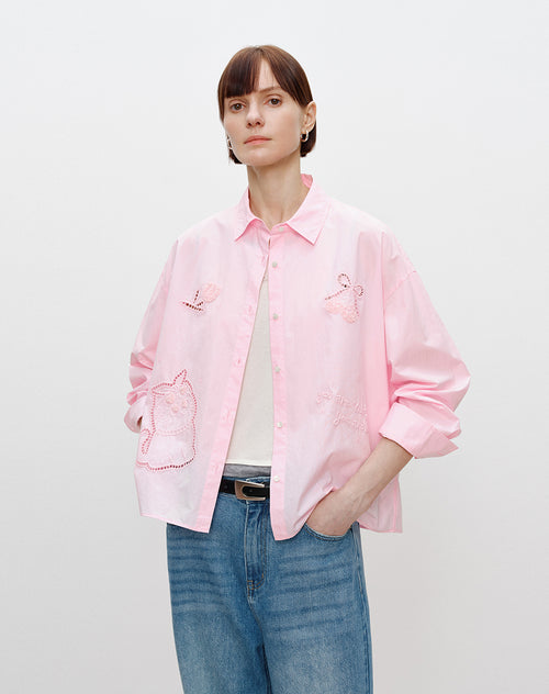 Openwork Cat Embroidery Shirt