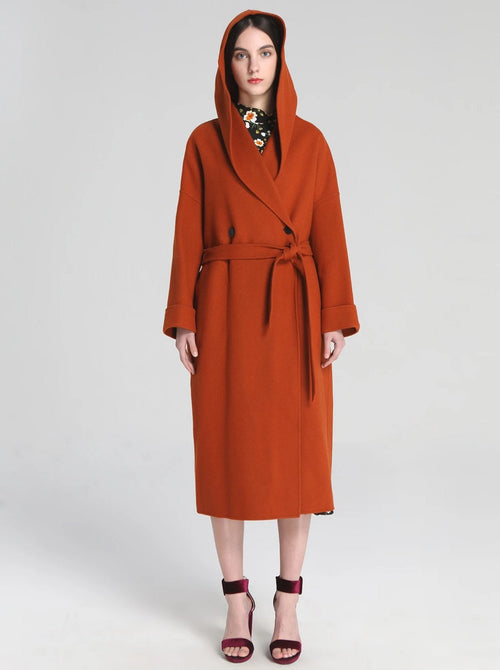 Burnt Orange Hooded Cape Wool Coat - Urlazh New York