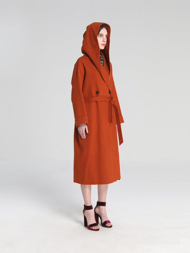 Burnt Orange Hooded Cape Wool Coat - Urlazh New York