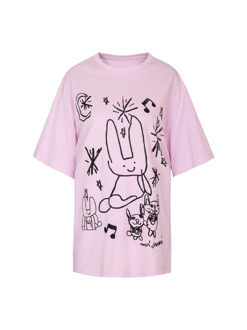 ウサギのグラフィティプリントTシャツ - ライトパープル