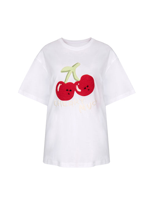 Cherry Hand-Embroidered Tee-White