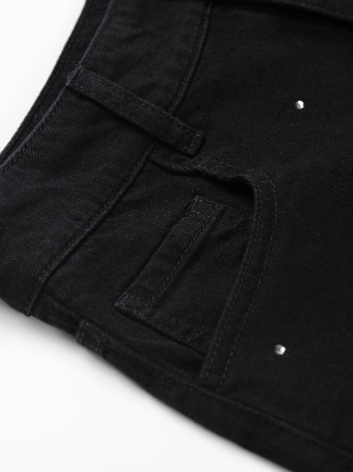 Burlap Trim Denim Shorts-Black