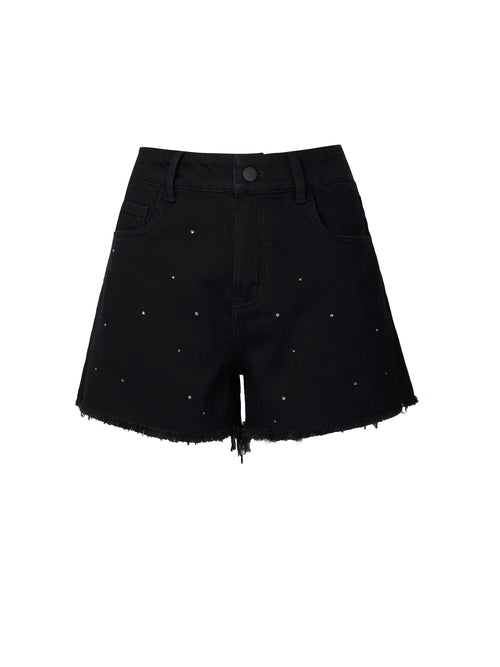 Burlap Trim Denim Shorts-Black