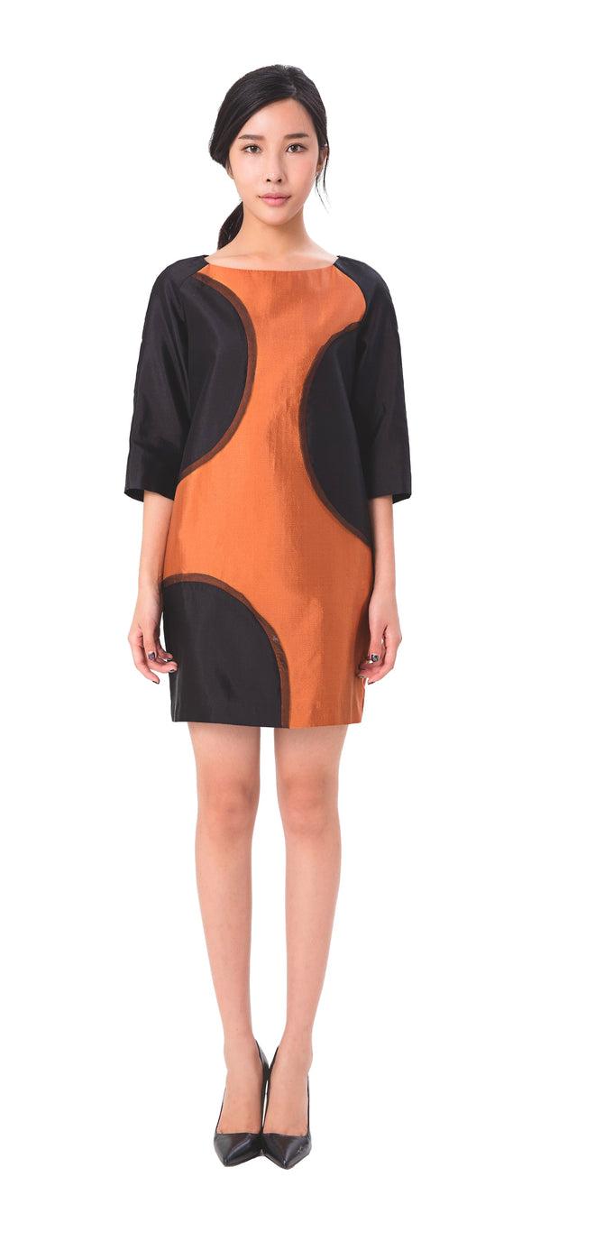 Copper and Black Embroidered Silk 3/4 Sleeve Dress - Urlazh New York