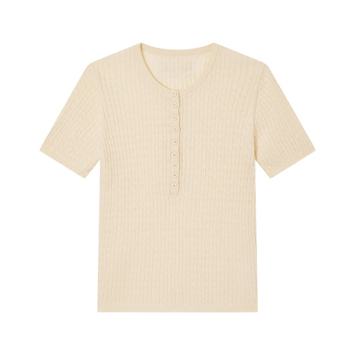 Vintage Cable Knit Cotton Top-Yellow