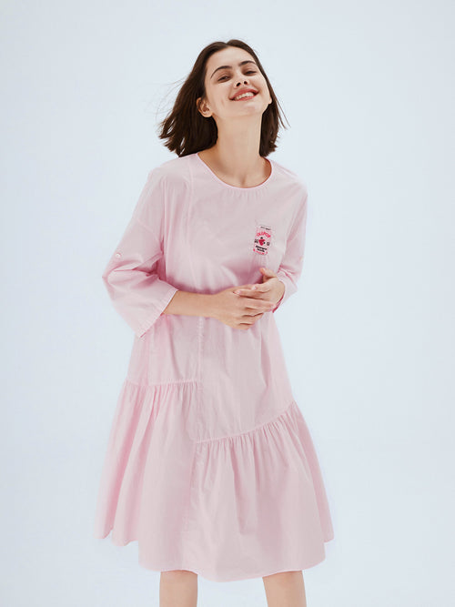 Pink Crewneck T-shirt Embroidered Crepe Dress - Urlazh New York