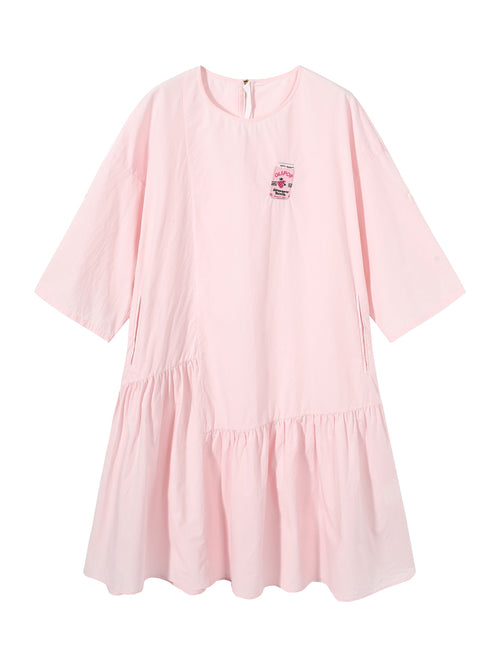 Pink Crewneck T-shirt Embroidered Crepe Dress - Urlazh New York