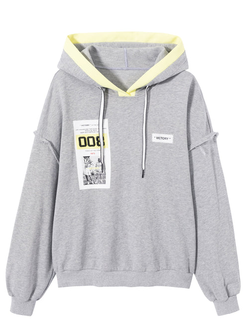 Grey and Yellow Graphic Print Hooded Sweatshirt - Urlazh New York