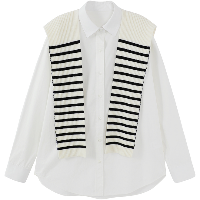 Striped Shawl Two-Piece Shirt-(The accessory shawl needs to be purchased with the top and is not sold separately for delivery.)