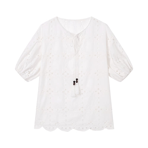 Vacation Style Openwork Embroidered Blouse