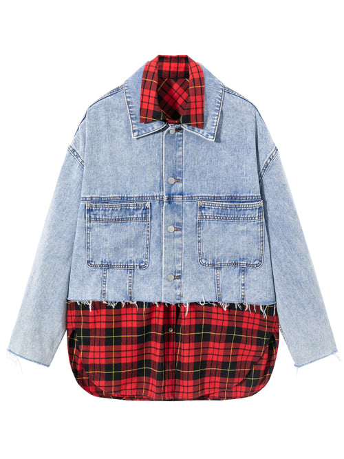 Red Plaid Shirt Denim Jacket - Urlazh New York