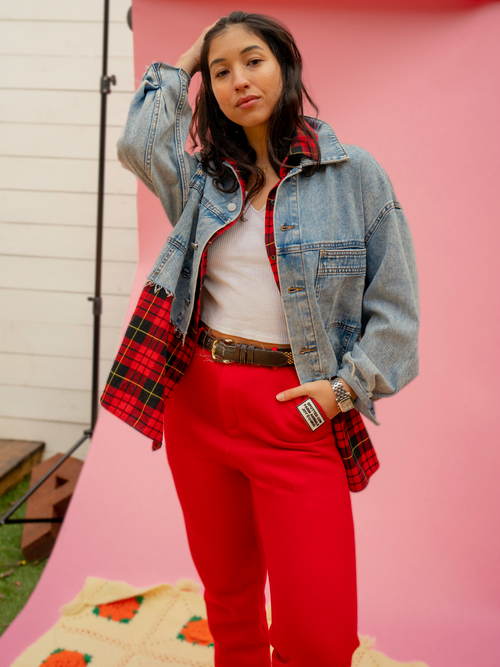 Red Plaid Shirt Denim Jacket - Urlazh New York