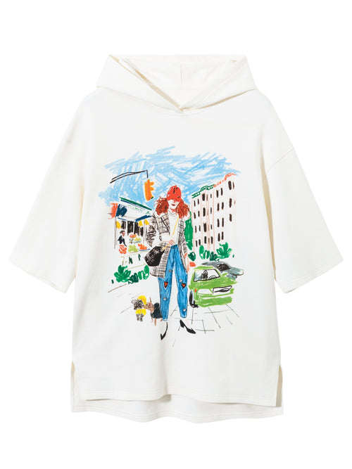 White Graphic Print Hooded T-shirt - Urlazh New York