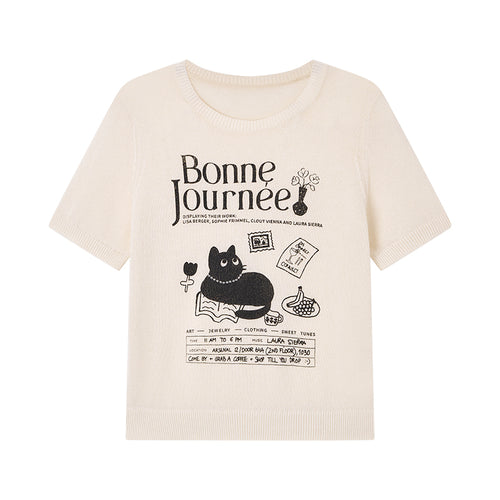 Elegant Cat Short-Sleeve Knit Top