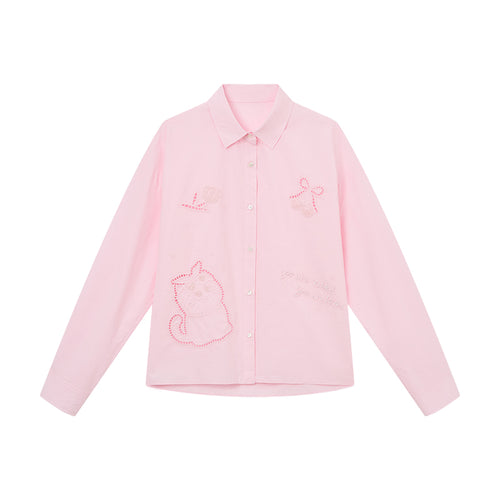 Openwork Cat Embroidery Shirt