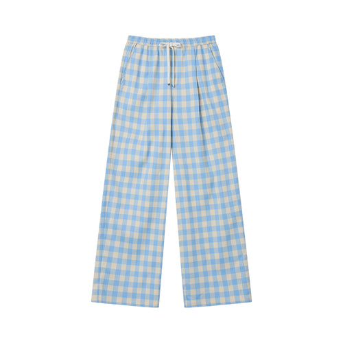 Blue & White Plaid Pleated Pants