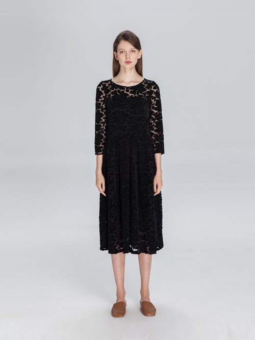 Black Flocked Lace Dress