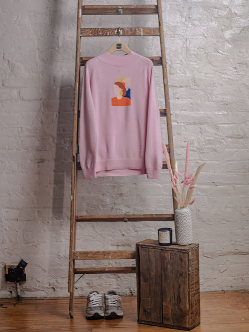 Pink Embroidered Mock Neck Wool Sweater - Urlazh New York