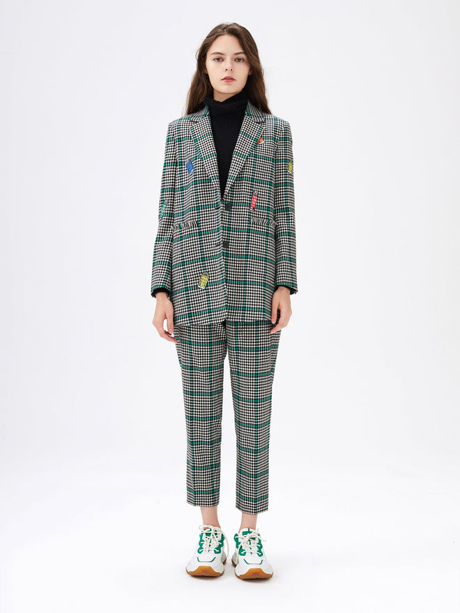 Grey & Green Wool Checked Blazer - Urlazh New York