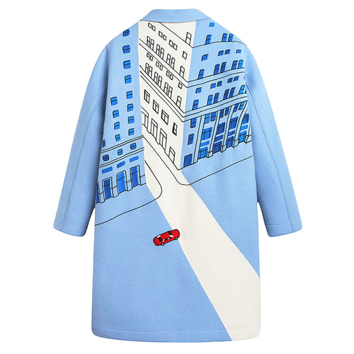 Blue Perspective Street View Embroidered Wool Coat - Urlazh New York