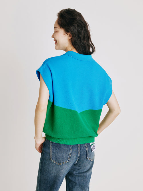 Color Blocking Polo Neck Pullover