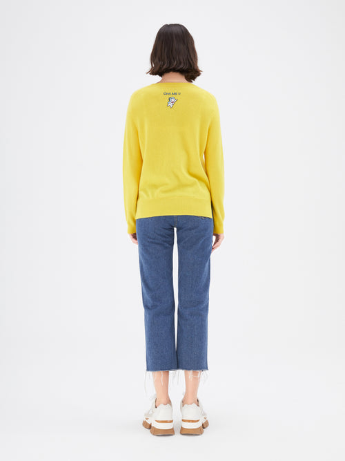 Yellow Graphic Embroidered Crewneck Cashmere Sweater - Urlazh New York