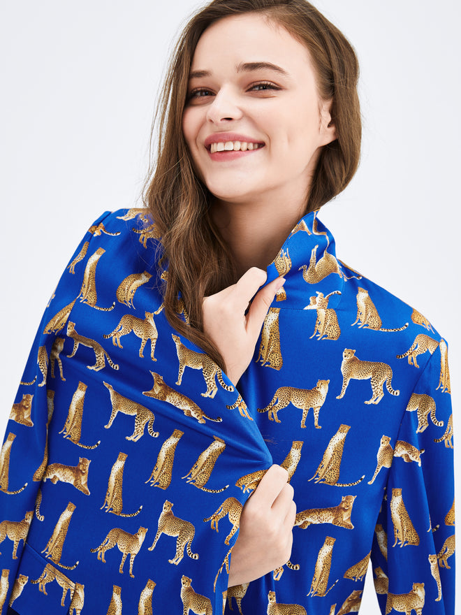 Cobalt Leopard Printed Silk Blazer - Urlazh New York