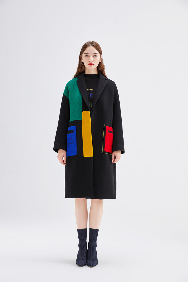 Manteau en laine color block noir NYC 
