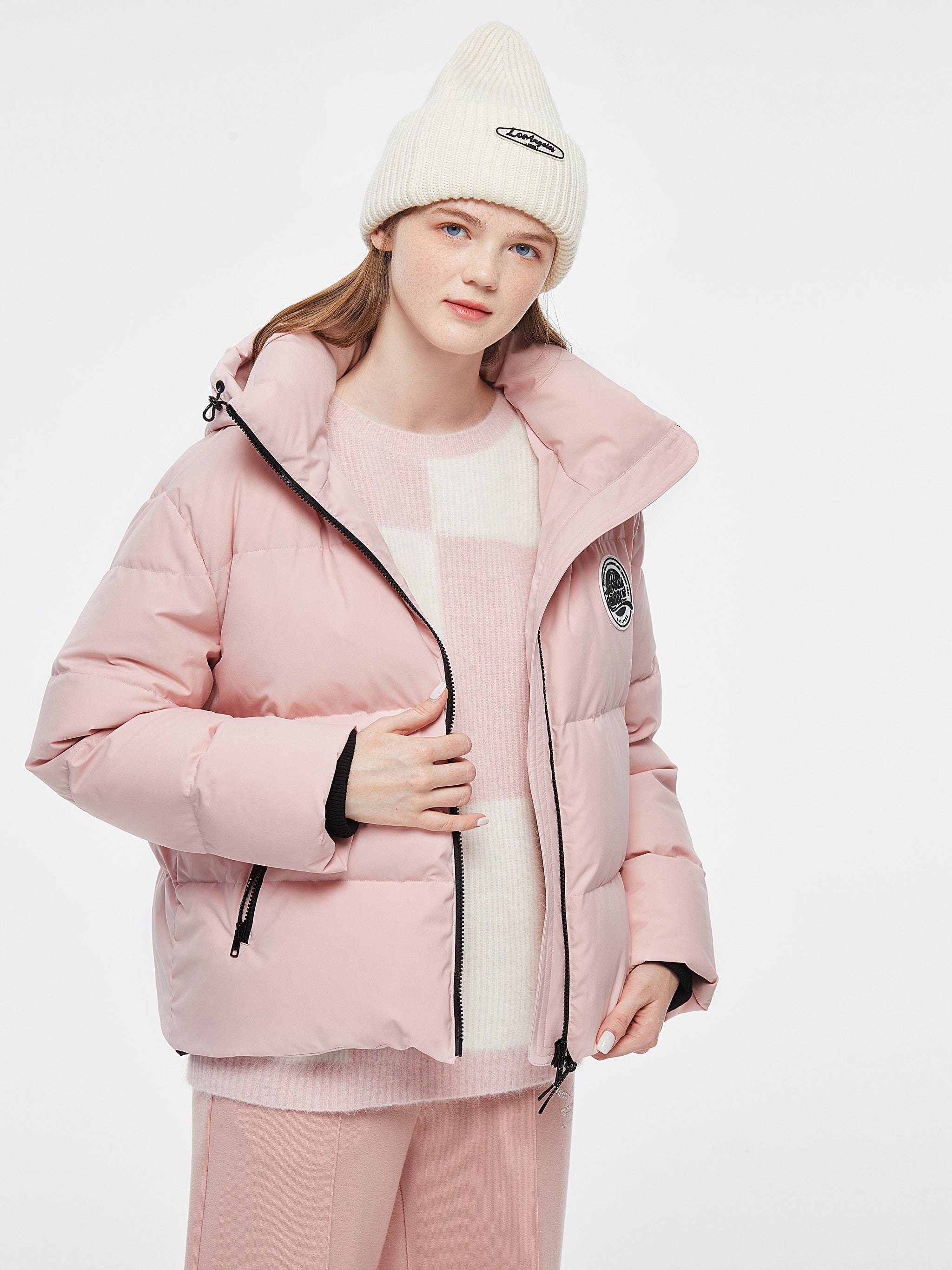 Powder pink puffer on sale jacket