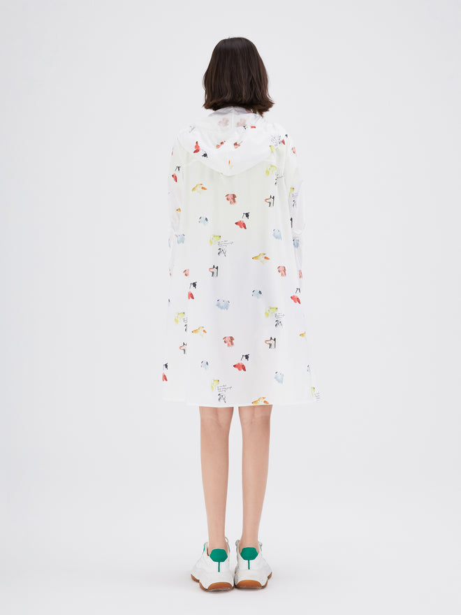 White Graphic Print Hooded Long Windbreaker - Urlazh New York