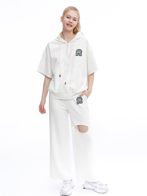 'R' Cut-out White Sweatpants - Urlazh New York