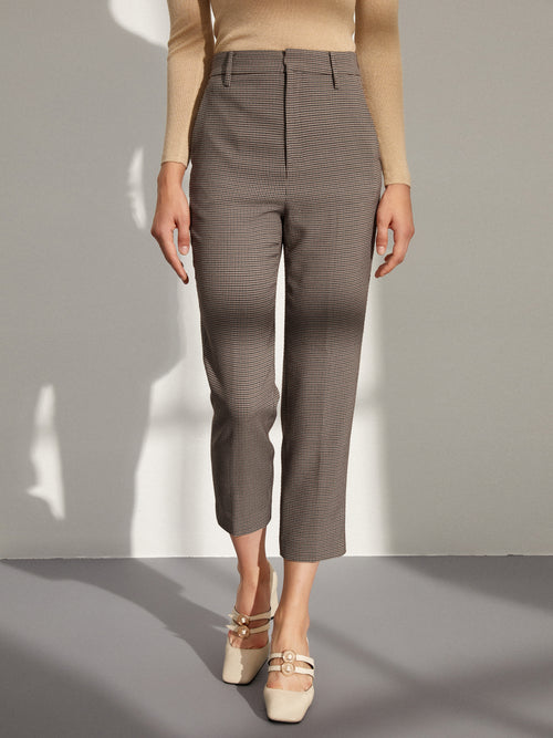 Latte Houndstooth Plaid Trousers - Urlazh New York