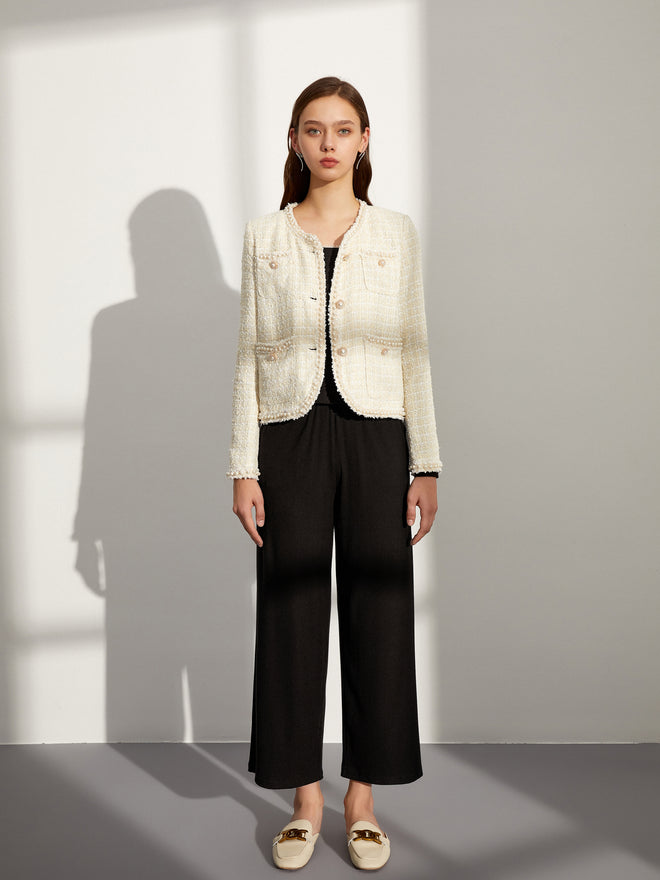 Pearl Trimmed Collarless Tweed Jacket
