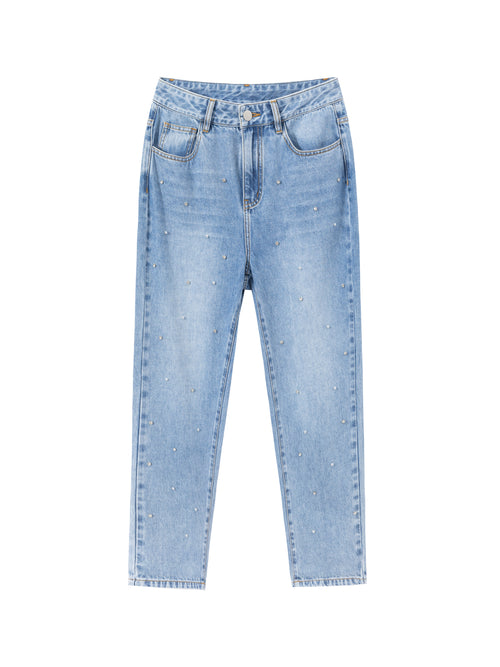 Rhinestone Washed Straight Jeans - Urlazh New York