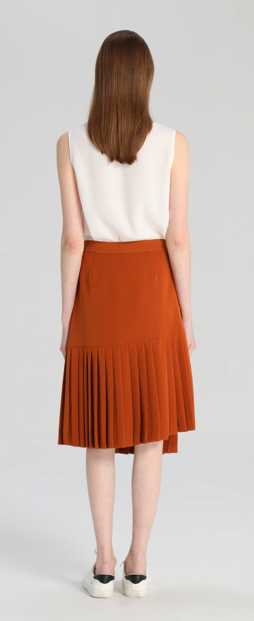 Burnt Orange Pleated Slant Skirt - Urlazh New York