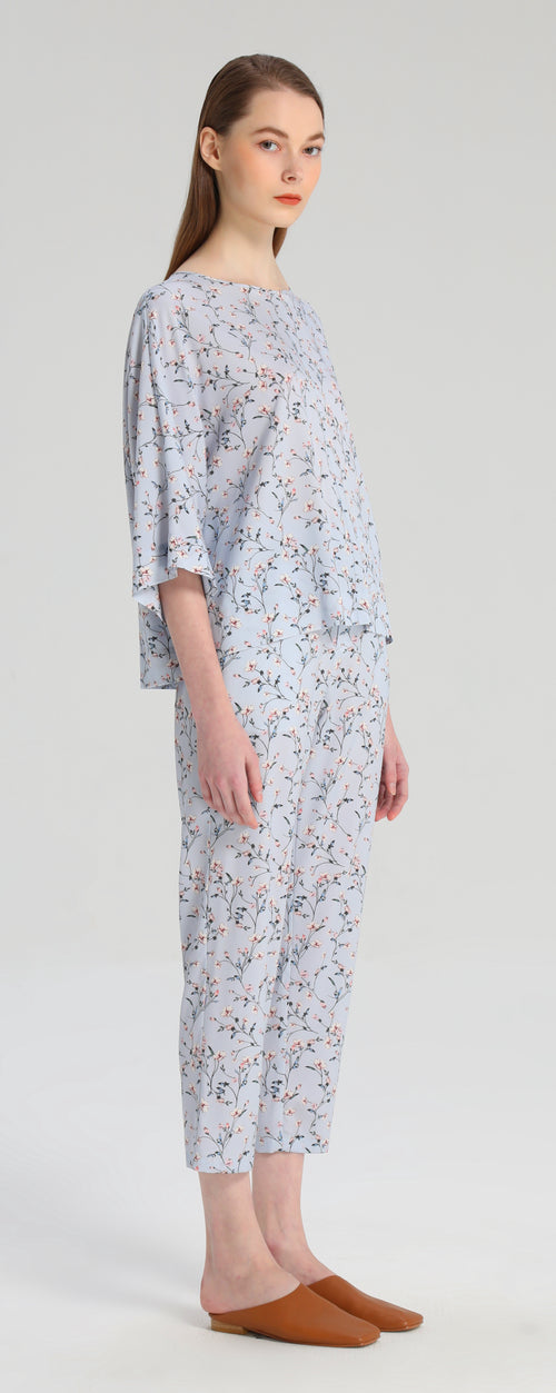 Baby Blue Floral Silk Blouse - Urlazh New York