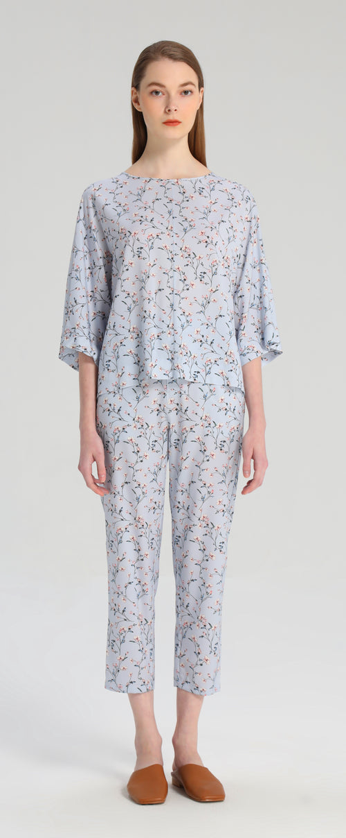 Baby Blue Floral Silk Pants - Urlazh New York